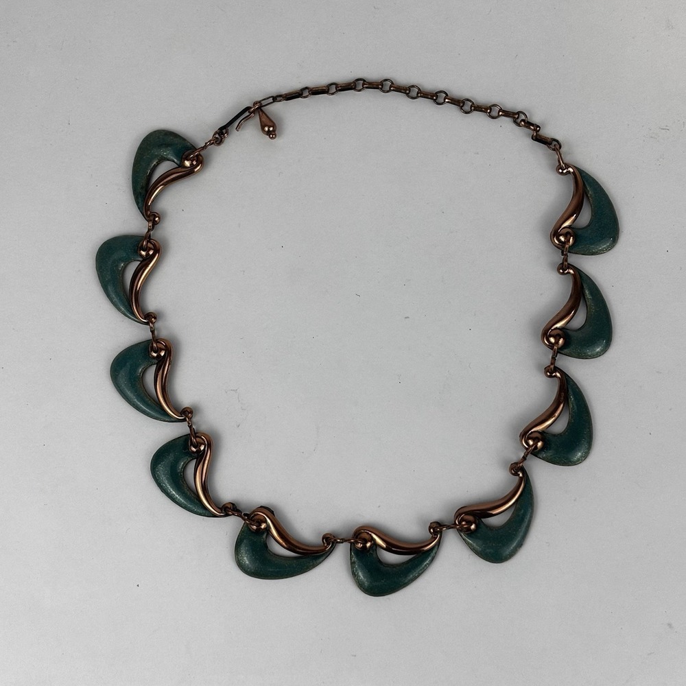 1950s Atomic Era Matisse Green/Teal Enamel Copper Necklace